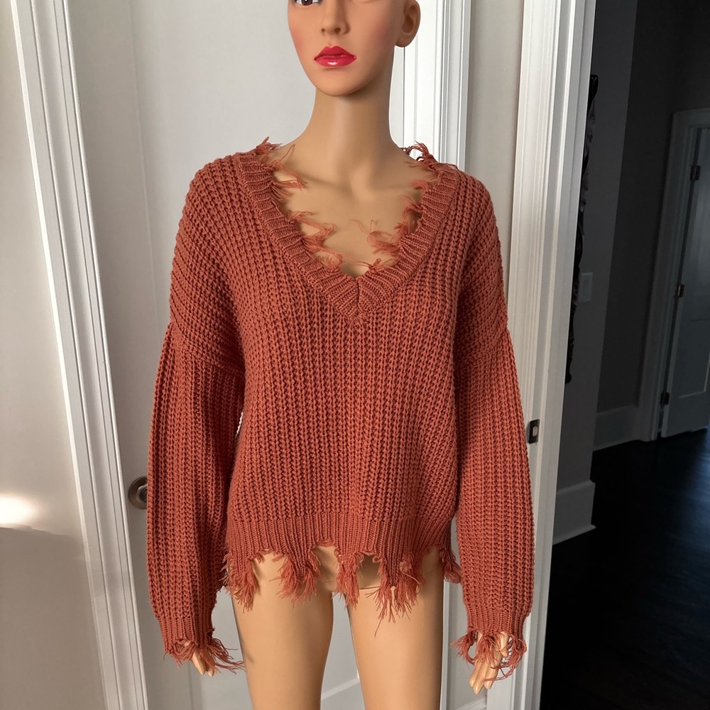 Rust Distressed V-Neck Sweater - Picture 5 of 5